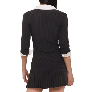 Robe mini en tricot côtelé noir pour femme, col contrastant blanc, manches mi-longues, ourlet plissé, style preppy - Product Image 2