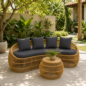 Luxury Woven Rattan Outdoor Lounge Set with Circular Coffee <b>Table</b> and Ottoman Seating for Villa <b>Patio</b> Garden Resort - Product Image 1