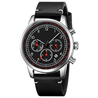 Montre à quartz simple pour homme UMS en acier inoxydable, bracelet en cuir rond de 42 mm, chiffres arabes, trois aiguilles, six aiguilles, multifonction