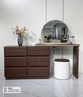 Ensemble de coiffeuse moderne couleur noyer avec miroir LED rond, armoire de rangement à six tiroirs, meuble de maquillage pour chambre à coucher