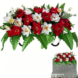 Memorial Grave Flowers <strong>Red</strong> White <strong>Tulips</strong> with Ferns for Headstones Cemetery Decoration Easy to Hang Reusable for Memorial Days - Product Image 1