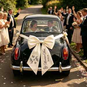 Personalized <b>Wedding</b> <b>Car</b> Bow, White Satin <b>Car</b> <b>Ribbon</b> with Custom Names Date, Romantic <b>Wedding</b> Decor, Gift for Bridal Shower - Product Image 4