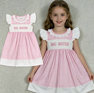 Robe d'été décontractée à manches courtes et smockée pour petites filles, motif « Big Sister Daddy's Girl », en coton, coupe trapèze, vente en gros - Product Image 2