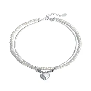 Dylam Dainty Link Chain Anklet Women 925 Sterling Silver Cute Charm Shell Pearl Anklet Double Layer Chain Beach Anklet