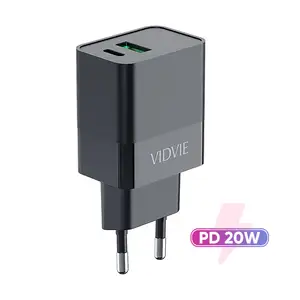 VIDVIE Ultra Compact Black Dual USB 20W Quick Charging USBC PD Mobile Phone Adapters