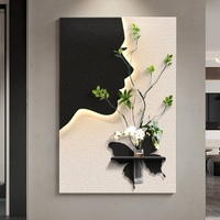 Peinture murale moderne en grès avec portrait de silhouette féminine simple, éclairage LED et vase hydrophile pour plantes vertes