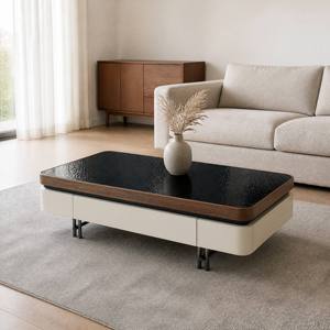 Table Basse Moderne en Verre Trempé Ondulé, Vente en Gros Usine, avec Tiroirs en <span class=keywords><strong>MDF</strong></span> Placage Noyer et Finition Titane, Meuble de Maison Durable - Product Image 1