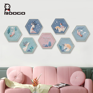 ROOGO 3D Relief Hexagonale Harz-Wanddekoration, Märchenhafte Einhorn-Hirsch-Wandtafel, Kinderzimmer Kinderkrippe Wandkunst Handwerk - Product Image 1
