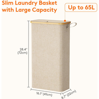 Panier à linge étroit avec sac amovible et poignées en bambou, panier à linge pliable fin pour vêtements sales, bac à linge pliable