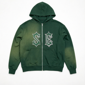 Acid Wash Vintage Streetwear <b>Zip</b> <b>Up</b> Hoodie 100% Cotton <b>Fleece</b> Pullover Rhinestone Letter Sweatshirt for <b>Men</b> - Product Image 1
