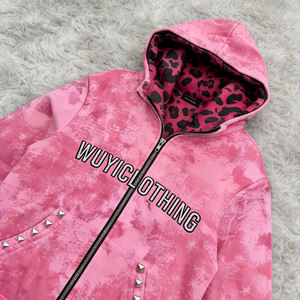 Sudadera con capucha unisex de leopardo para mujer, 100% algodón, estilo vintage, lavado ácido, desgastada, oversize, para invierno, con logo personalizado, al por mayor - Product Image 2