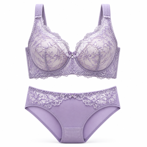 Conjunto de lencería de encaje transparente con aros y copa completa para mujer, color lavanda, con bordado, transpirable, soporte para busto grande, romántico - Product Image 1