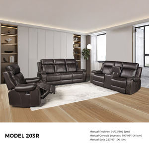 Ensemble de canapés inclinables modernes en cuir véritable et bois pour salon, 3 places, causeuse, console de rangement, fauteuil inclinable individuel - Product Image 1