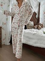 Pyjamas en coton à manches longues à imprimé floral, ensembles de pyjamas personnalisés avec passepoil, vêtements de détente en bambou pour femmes, ensembles de pyjamas pour femmes