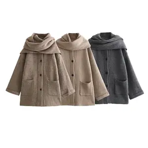 ZATRHMBM Autumn And Winter Elegant Ladies Coat with Scarf 2024 New Fashion Loose Long Sleeve Warm Overcoat Women Chic Ladies Out