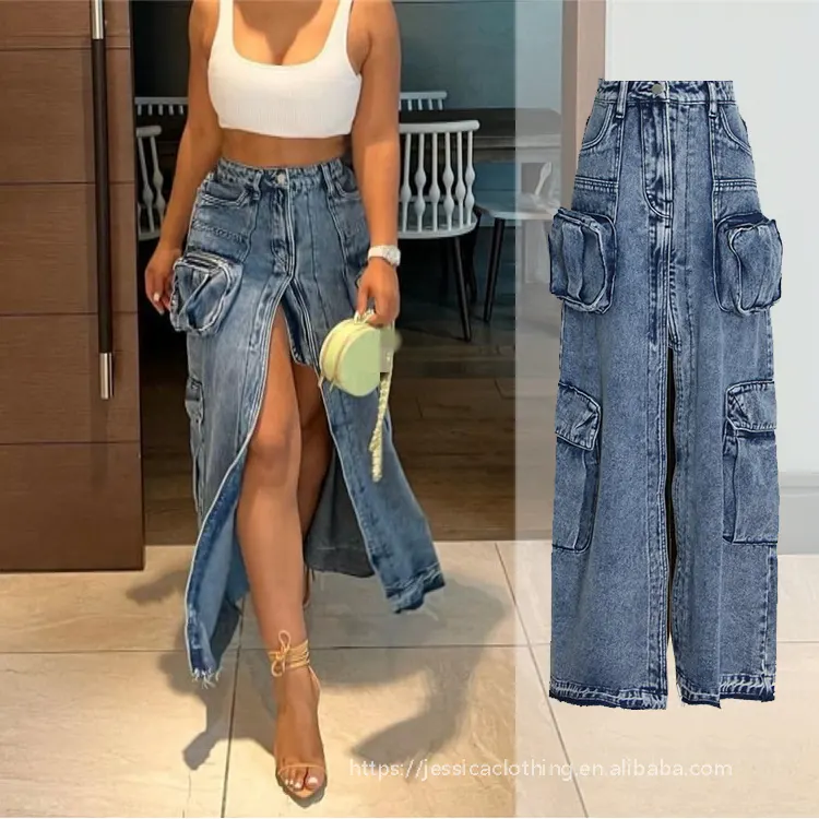 Chất Lượng A9889-high Jean Váy Cho Phụ Nữ Phụ Nữ Demin Váy Cho Phụ Nữ Dài Màu Xanh Jean Váy Với Slit