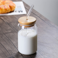 Mug à café en verre borosilicate de haute qualité, style canette de bière, avec couvercle en bambou, pour thé au lait et boissons froides, passe au lave-vaisselle et au micro-ondes