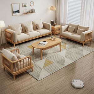 Conjunto de Sofás Modernos Minimalistas em Madeira Sólida e Tecido Estilo Wabi-sabi Creme 1+2+3 para Apartamento Pequeno - Product Image 1
