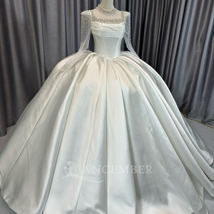 Lscm92 Modern Elegant Ivory Ball Gown <b>Wedding</b> Dress Beaded Illusion Satin Bridal Gown Pleated Corset Puffy Full Skirt Chapel - Product Image 4