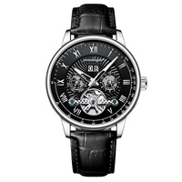 POEDAGAR 1409 Montre automatique mécanique pour homme en cuir véritable imperméable, montre squelette de luxe pour homme