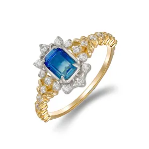 Japanese Light Luxury 14K Gold Plated Green Blue Glass White Zircon Stone 2 Tone Silver Ring