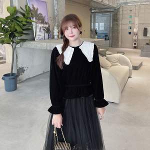 Blusa de terciopelo para mujer talla grande con cuello de encaje desmontable y diseño reversible, color negro N8160 - Product Image 3