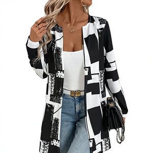 Veste imprimée noire et blanche pour femme, cardigan léger à manches longues, fermeture éclair sur le devant, vêtement d'extérieur décontracté pour l'automne - Product Image 3