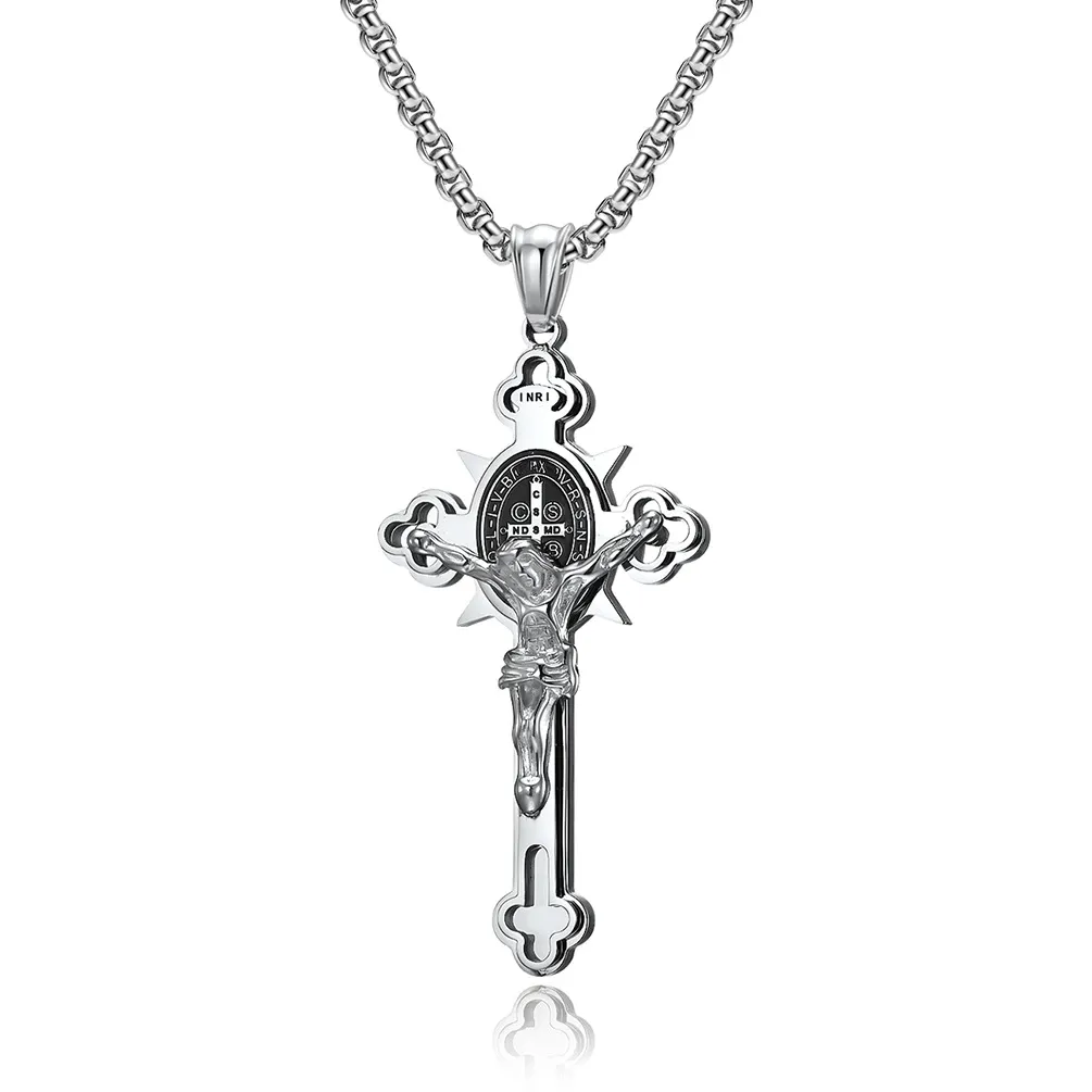 Colgante de acero inoxidable con grabado religioso de Jesús para hombre, Collar de plata hecho a mano con cruz de Jesús en 3D