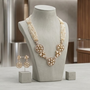 Traditional Pearl 925 Silver Kundan <b>Necklace</b> Set Gold Bridal Jewelry with Earrings Geometric Design for Women Wedding Jewelry - Product Image 2