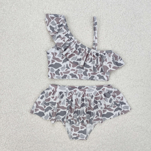 Traje de baño para niñas pequeñas para la temporada de verano, estampado de camuflaje, sin mangas, con pantalones cortos y volantes, trajes de baño de 2 piezas - Product Image 2
