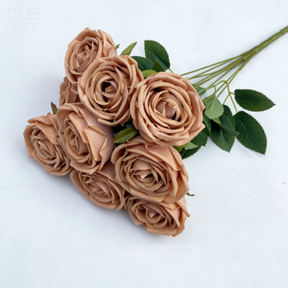 bouquet 9 têtes rose 47cm marron