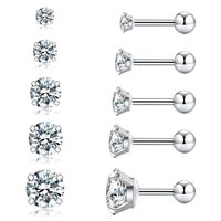 Boucles d'oreilles clous en zircone cubique transparente de 3-8 mm, hypoallergéniques, en acier inoxydable 316L, avec dos rond, pour piercing, vente en gros