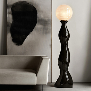 Modern <b>Black</b> Marble Floor Lamp With Off White Glass Globe <b>Shade</b> Large Size LED <b>Lighting</b> For Residential Use - Product Image 4