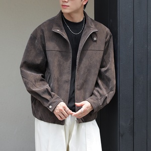 Veste en similicuir vintage à col montant pour homme, tissu de base en viscose enduit PU avec doublure en polyester pour l'automne et le quotidien - Product Image 3