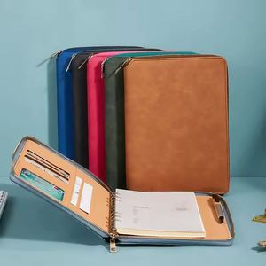Hot Selling Extra Large Metal Zippered Leather Covered Functional Custom Logo Folders with <b>Lined</b> Inner Pages File Card Pockets - Product Image 5