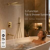 Système de douche carré KIDOIR cUPC avec pommeau de douche pluie, douchette à main et bec de baignoire 3 voies, sans plomb, en SUS304, nickel, noir, or, chrome