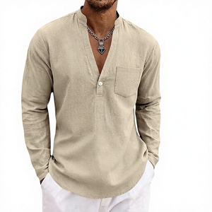 Camicia da <span class=keywords><strong>uomo</strong></span> casual in lino con perline, scollo a V ampio, monopetto, tinta unita, traspirante, senza bisogno di stiratura, per primavera/autunno, <span class=keywords><strong>taglie</strong></span> forti, per il commercio transfrontaliero - Product Image 1