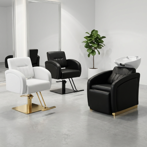 เก้าอี้ตัดผมหนังเทียมร่วมสมัยพร้อมปั๊มไฮดรอลิกปรับความสูงได้ ชุดเฟอร์นิเจอร์ร้านเสริมสวย สีดำและสีขาว - Product Image 1