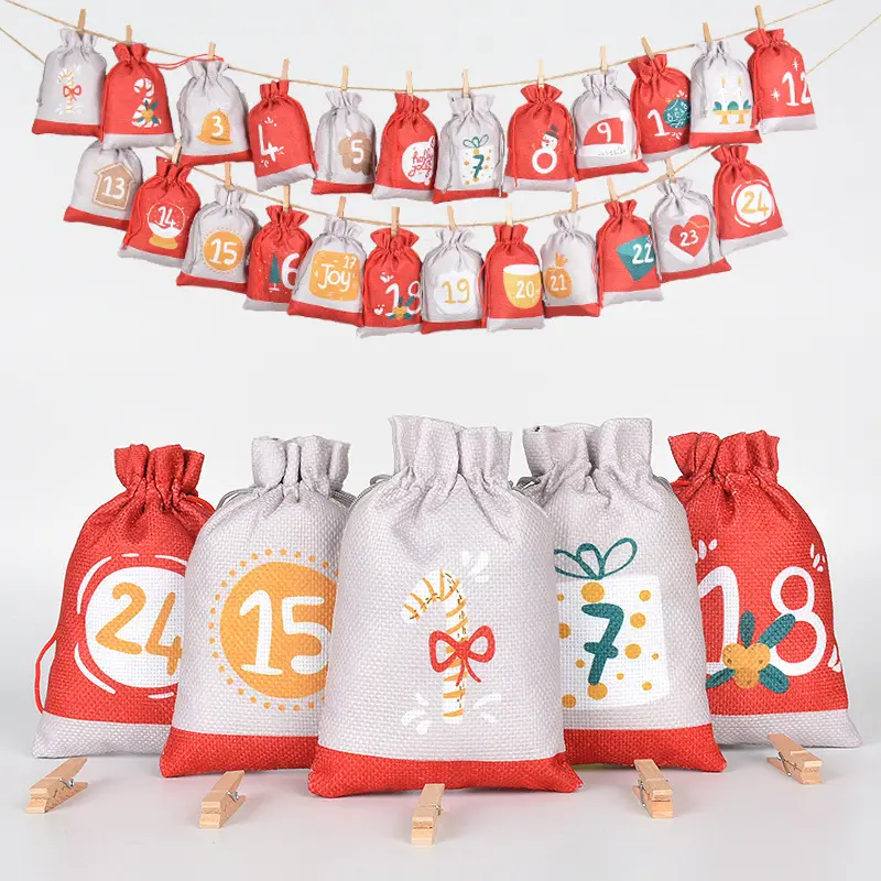 Weihnachts-Adventskalenderbeutel mit Digitaldruck Weihnachts-Countdown Hanging-Beutel Bürsten-Geschenkverpackung für Süßigkeiten Kordelzugbeutel