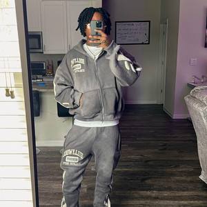 Streetwear Acid Washed Sweat Suits Reiß verschluss Hoodies Trainings anzug Set Acid Wash Distress Patch Ausgestellte Jogging hose und Hoodie Set - Product Image 1