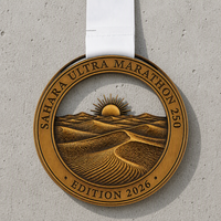 Medaglia Personalizzata 2026 per Maratona nel Deserto, Design 3D Dune di Sabbia in Bronzo Anticato con Nastro Bianco per Premiazioni