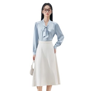 White Bow Tie Blouse Women Solid Color Long Sleeve Poplin Shirt Work Office Wear Formal Interview Style 2025 Spring Autumn - Product Image 3