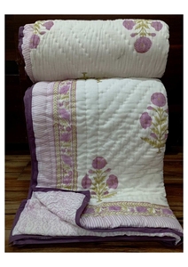 Purple Floral Design Hand Block Printed Cotton <b>Quilt</b> Double <b>Bed</b> Traditional Handmade All Season Home Use - Product Image 1