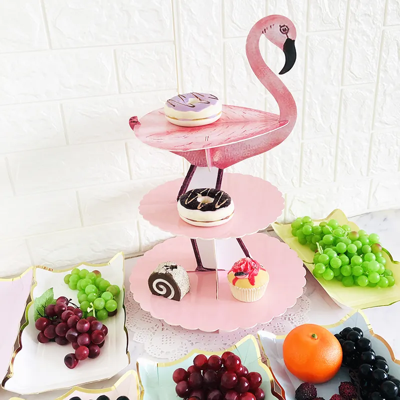 3 Tiers Wegwerp Thee Party Flamingo Cake Stand Bloemen Cake Dessert Houder Party Cake Display Catering Serveren Gereedschap
