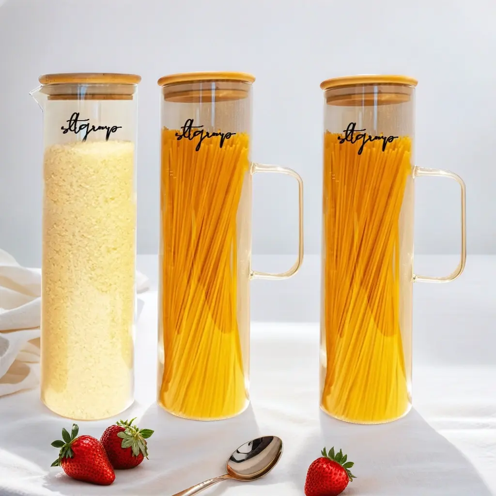 Rangement de cuisine créatif en verre borosilicaté fait à la main pot de pâtes nouilles spaghetti de 50oz de haut avec couvercle et poignée en bambou
