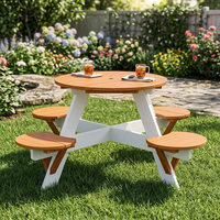 Mesa de Picnic Redonda Moderna de Madera con 4 Bancos Integrados, Ecológica, Resistente al Agua, Juego de Comedor para Exteriores con Orificio para Sombrilla para Jardín