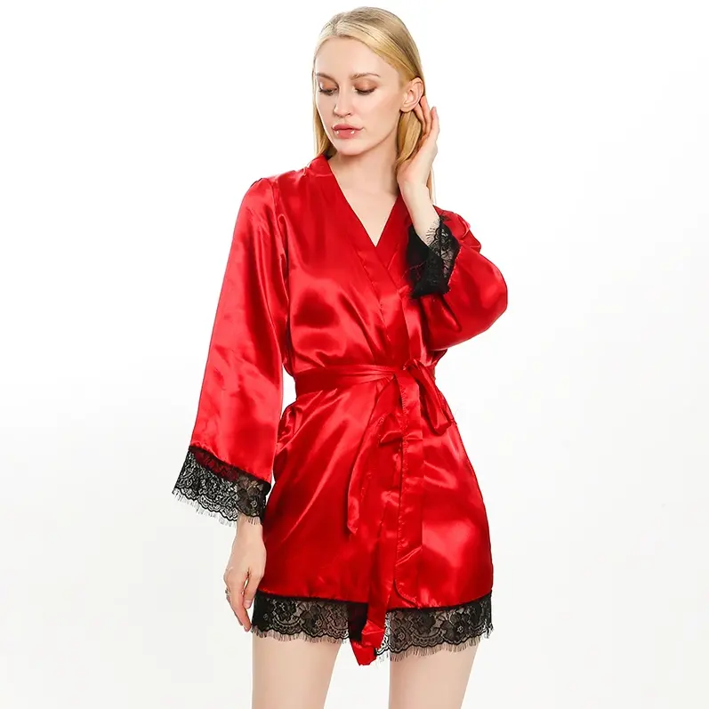 X558 New Cheap Lace Peignoir Satin Robe for night Mature lace trim Nightie Smooth Silk Bathrobe with belt Sexy Women's Sleepwear