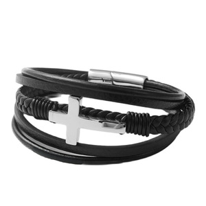 yunnique Cross Leather Bracelet Black Titanium Steel Unisex Jewelry Gift - Product Image 1