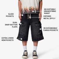 Hudao Jorts Décontractés Personnalisés de Haute Qualité pour Hommes, Style Streetwear, Jorts en Jean Extensible à Jambes Larges, Denim Délavé, Coupe Ample et Décontractée, Jorts Cargo