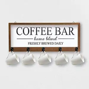 JUNJI Personalized Rustic Coffee Mug Holder Farmhouse Decor Wooden Coffee Station Wall Mounted Coffee Cup Organizer Rack